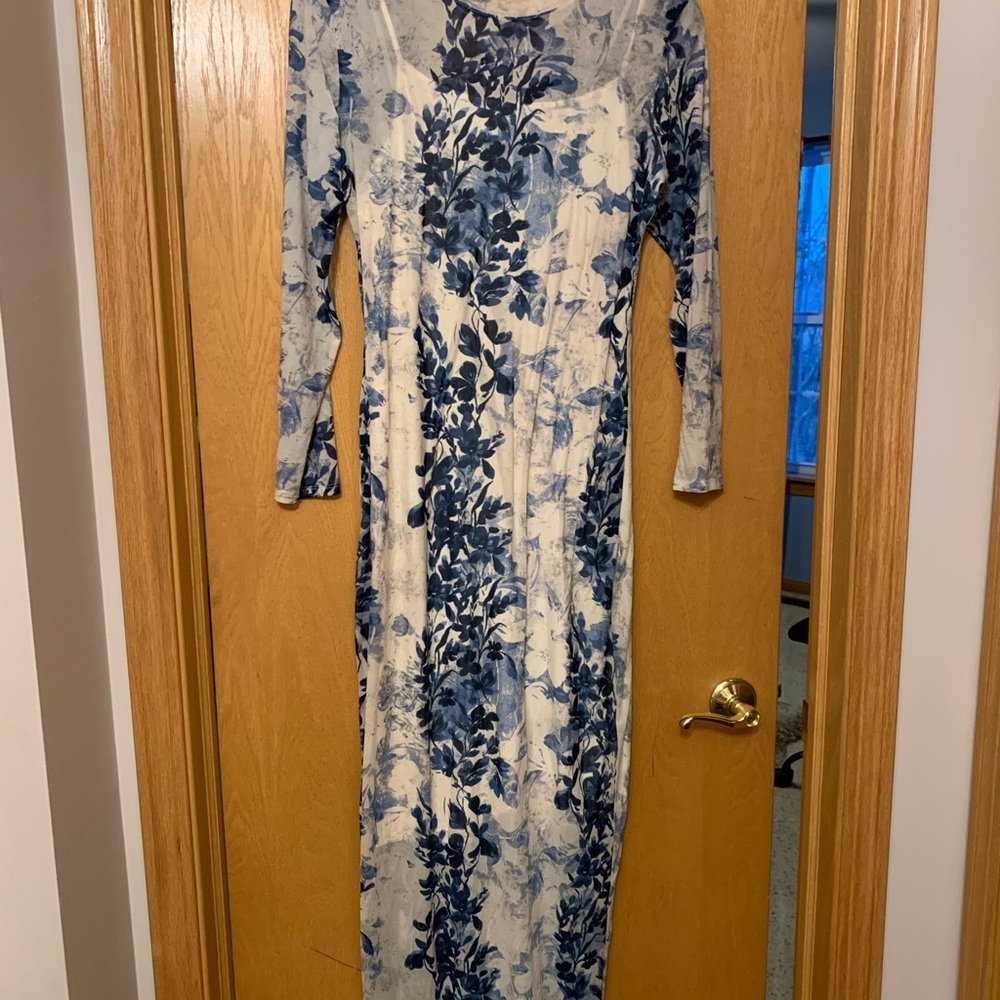 Express Blue and White Floral Long Sleeve Dress